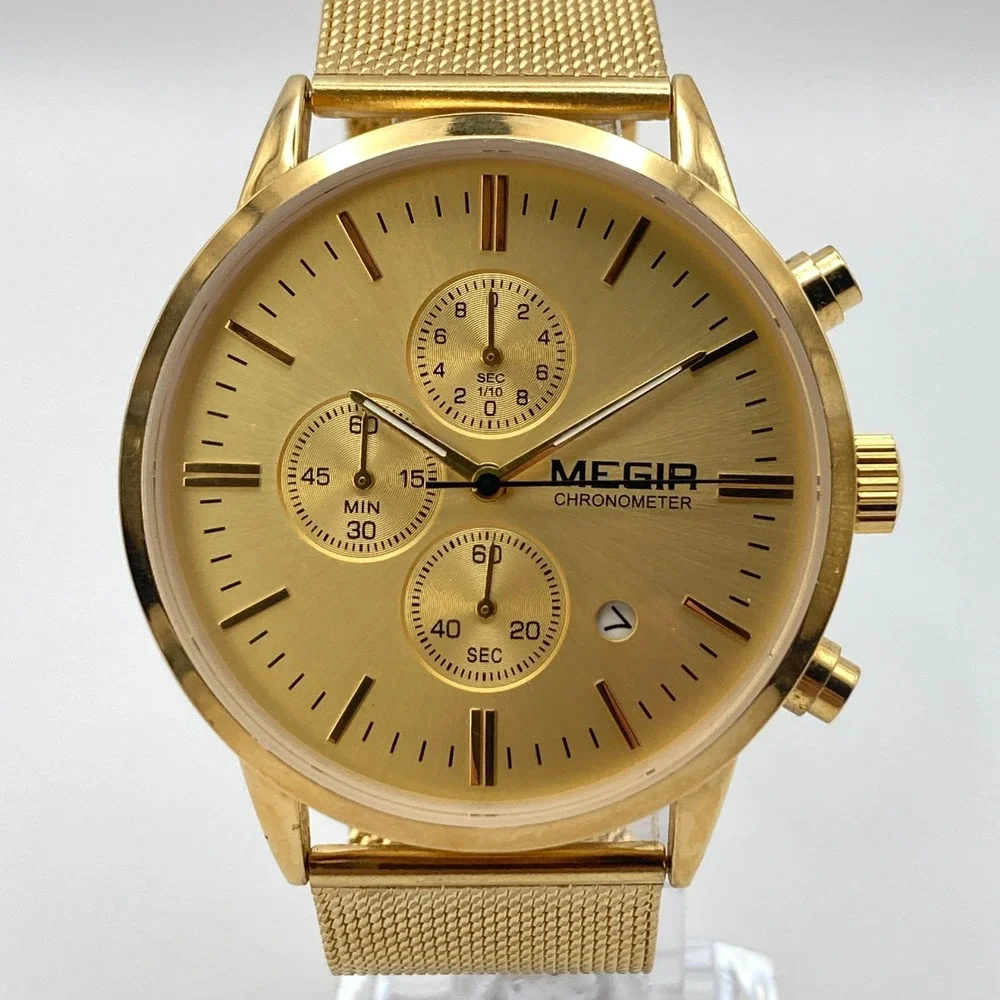 Megir Men's Chronograph Watch 43mm Gold Tone Date Mesh Band WR New Battery